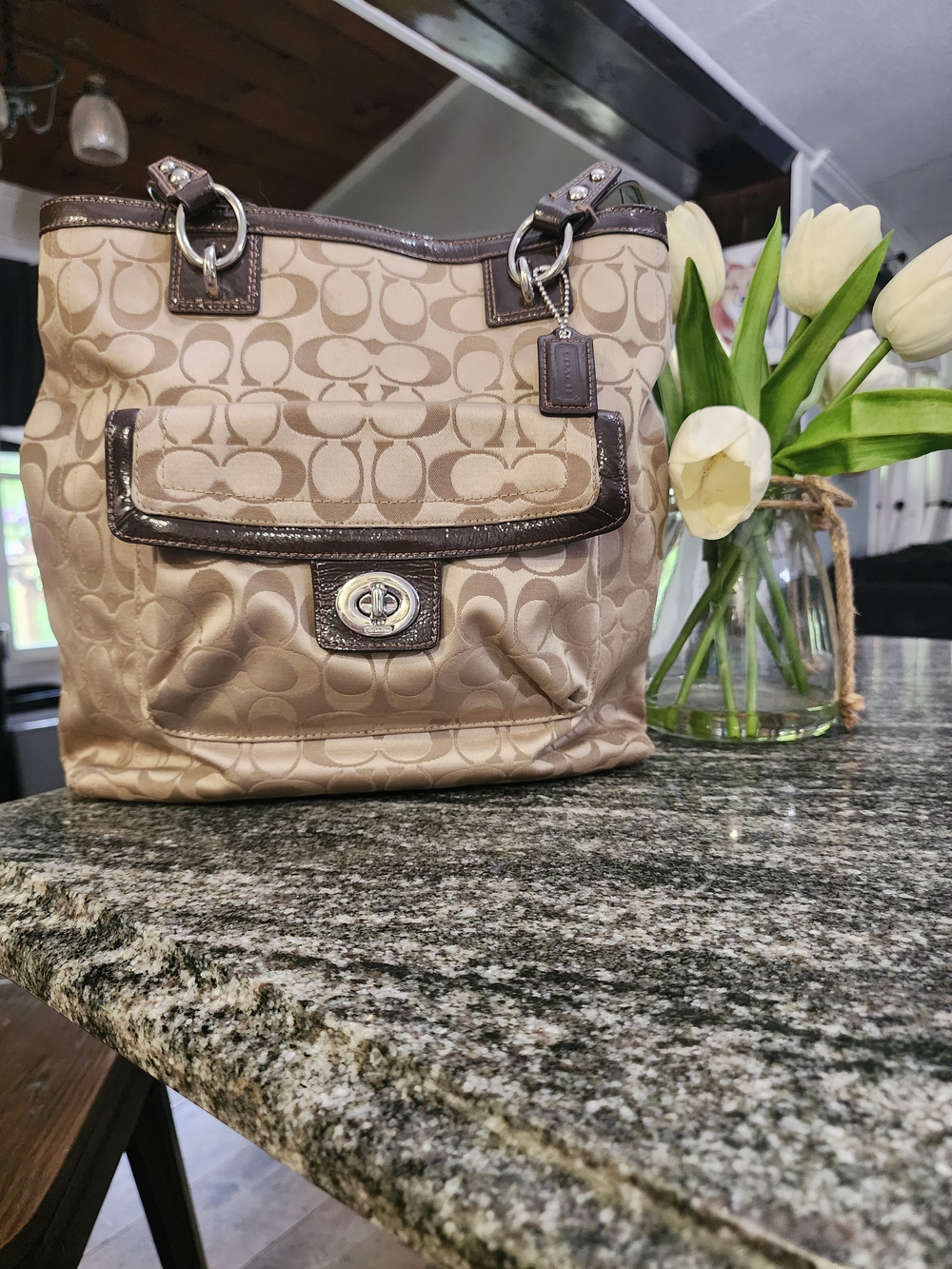 Coach Penelope Sateen Signature Canvas Tote with Dark Brown Leather Trim